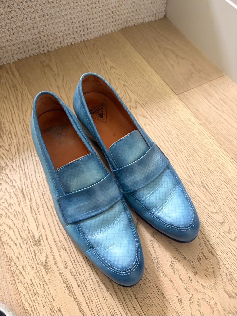 John Fluevog Women's Sky Blue Leather Penny Loafers